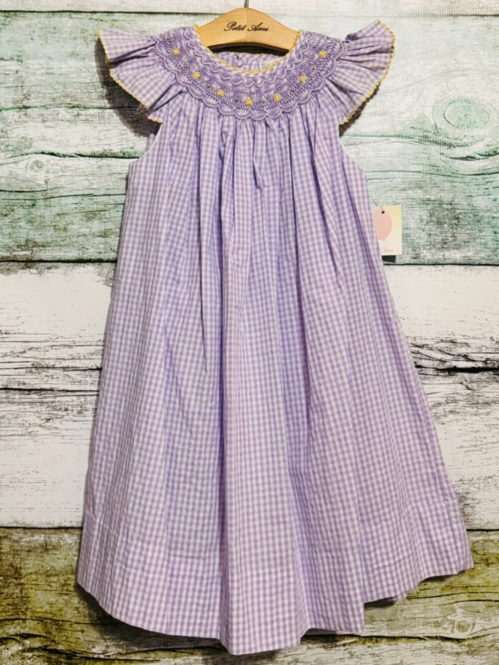 Petit Ami Yellow Lavender Check Bishop Smocked Angelwing Dress 4T